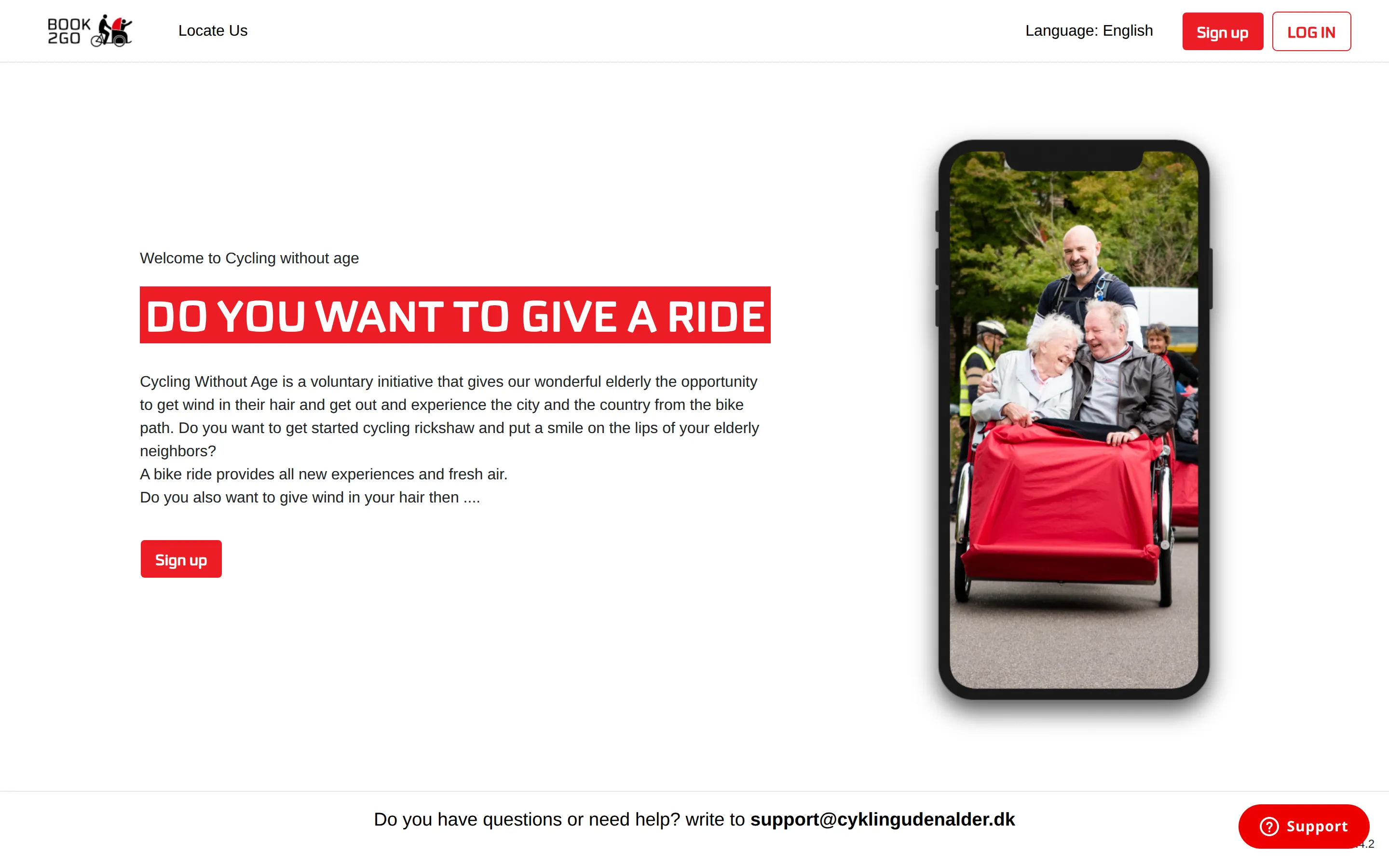 Forside af book2go.bike med hero-billede og rickshaw