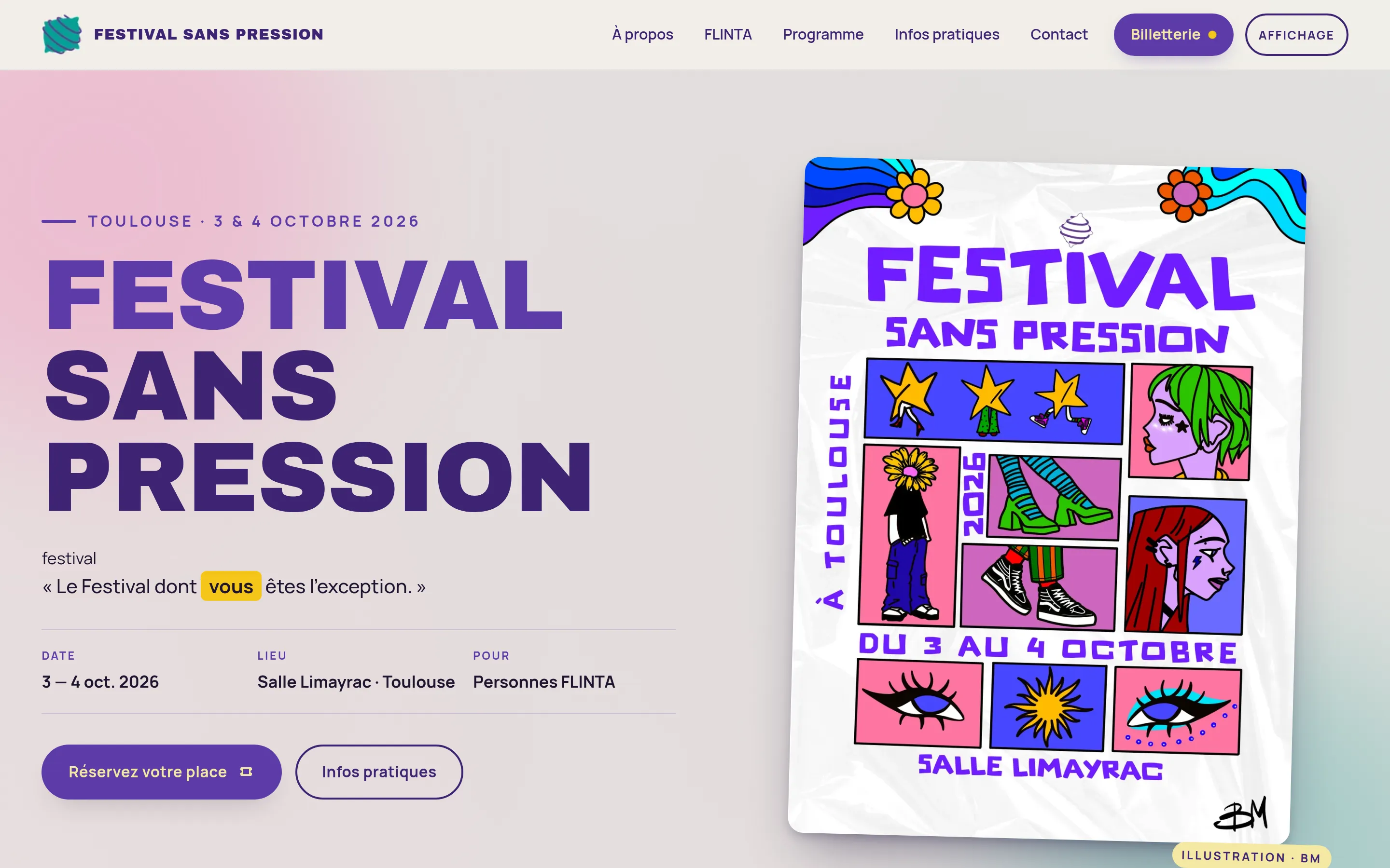 Forside af Festival Sans Pression med pop-art-plakat og festival-identitet