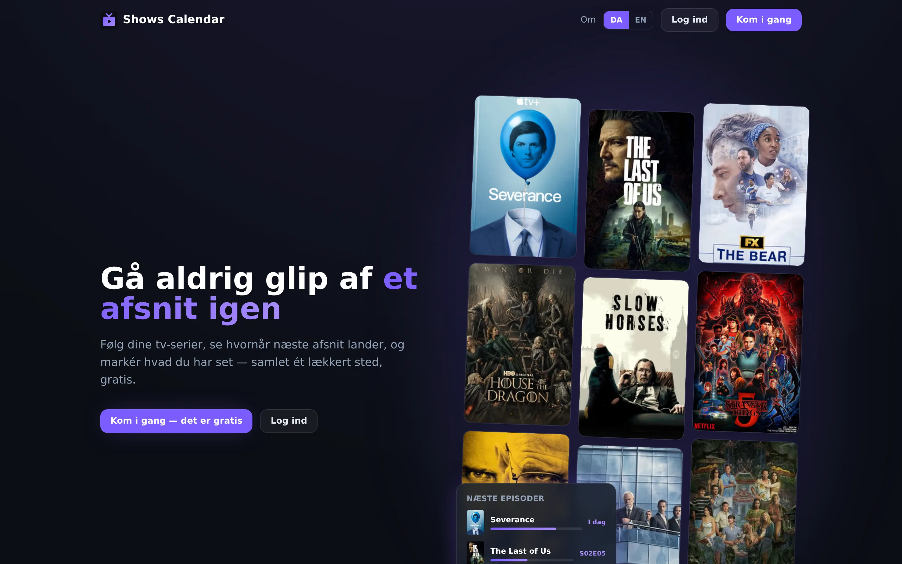 Forside af Shows Calendar med hero 'Gå aldrig glip af et afsnit igen' og et grid af serieplakater