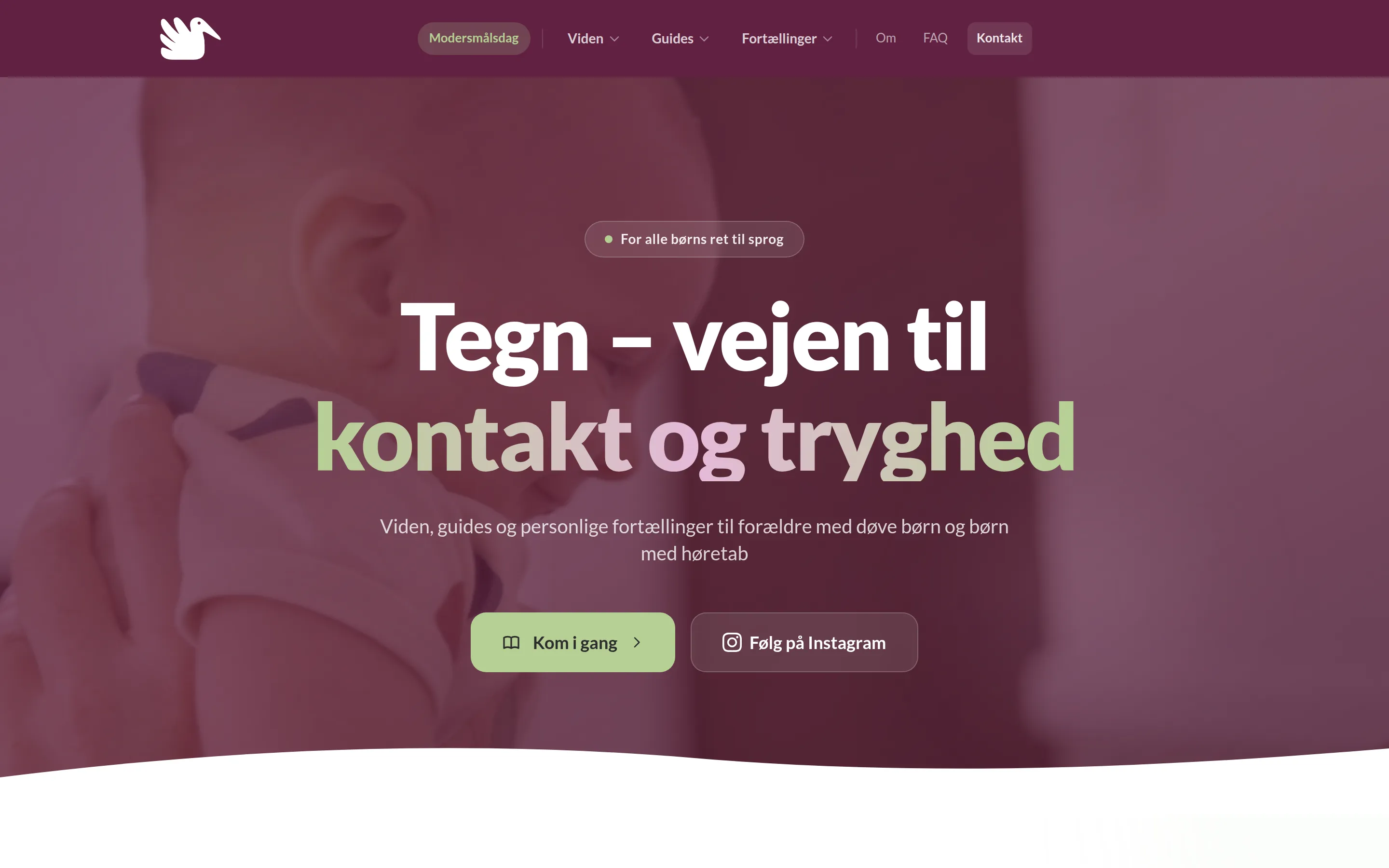 Forside af tegnsprogspakken.dk med hero: 'Tegn – vejen til kontakt og tryghed'